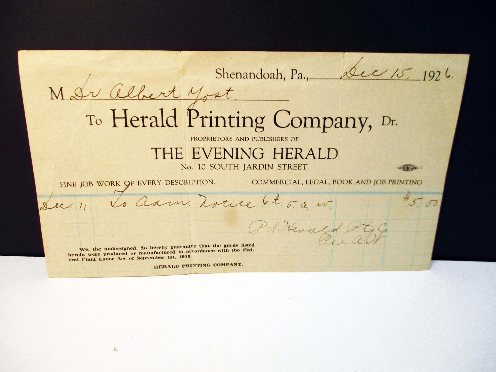 Herald Printing Company Shenandoah Pa 1926 Billhead Ephemera