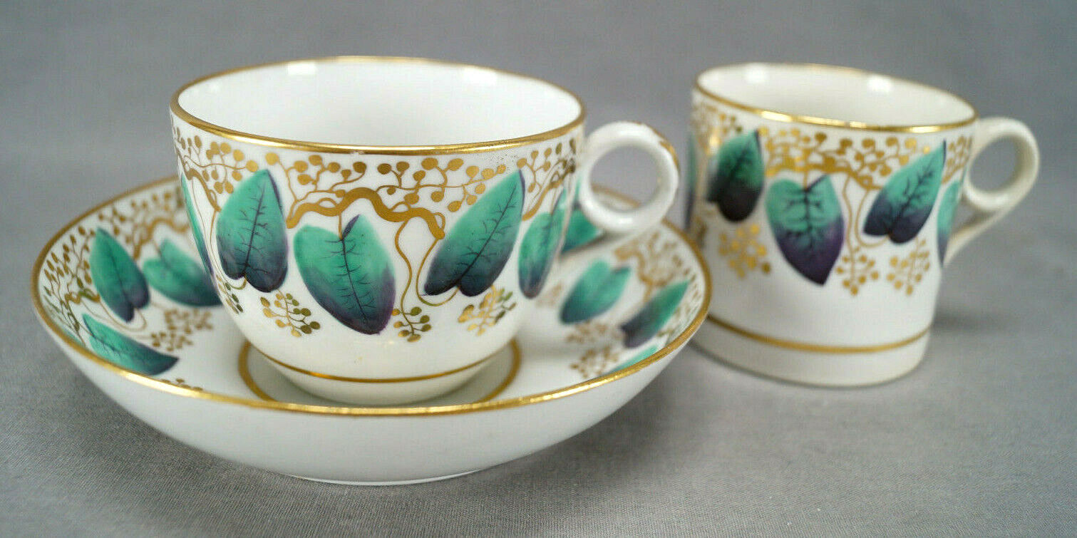 Machin Pattern 148 Green Leaves & Gold Tea Cup Can & Saucer Trio C. 1800-1815 D
