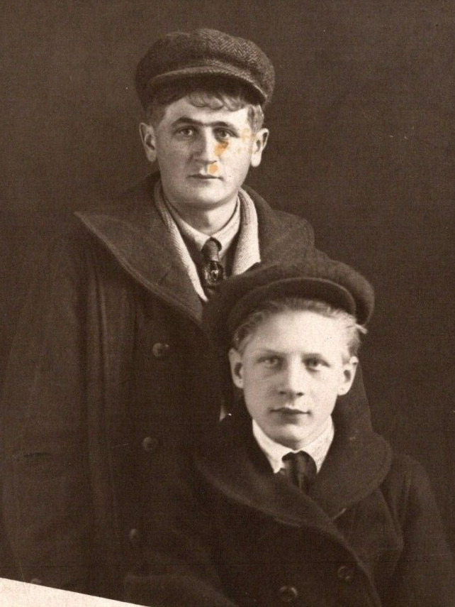 Antique RPPC Real Photo Postcard Boys Brothers Overcoat Newsies Cap Hat Studio