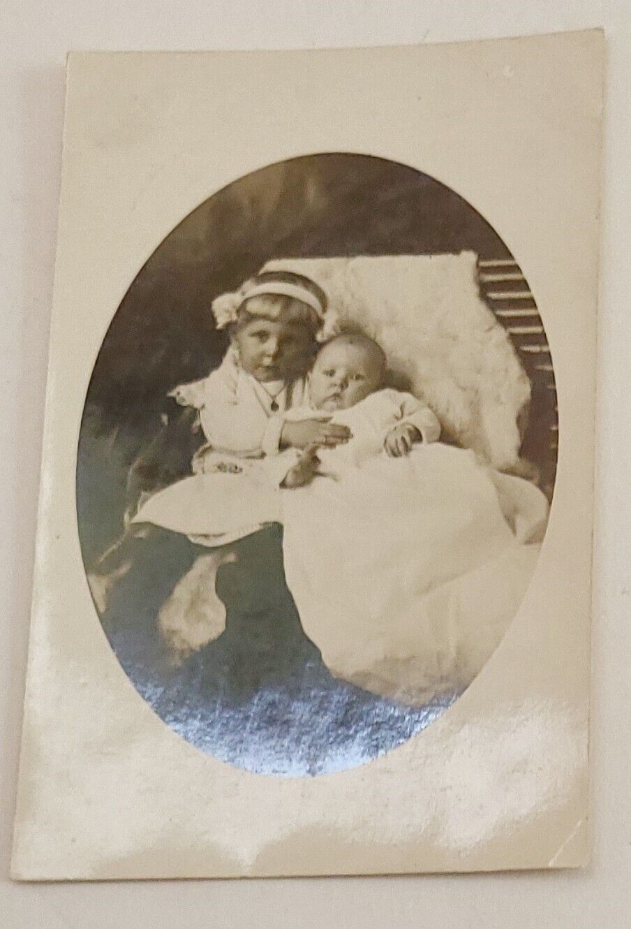 Antique Real Photo Postcard Children Toddler hugging Baby Unmailed