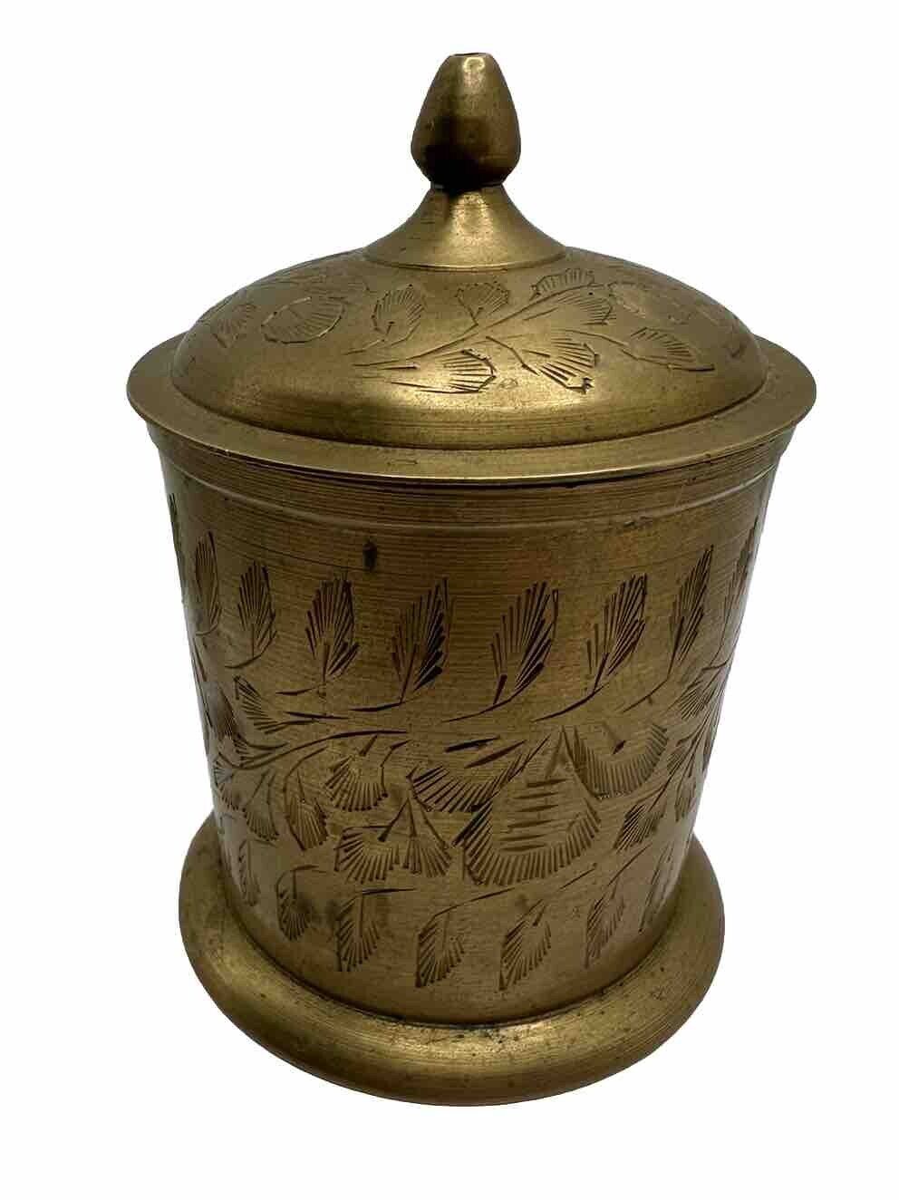 Etched Brass Jar Handmade in India Lidded Canister Vintage VTG 