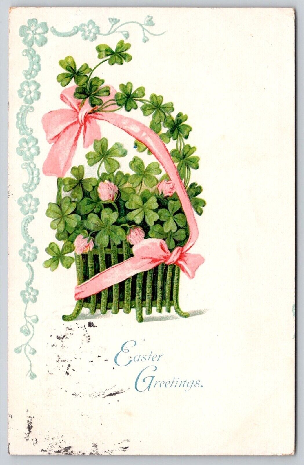 Easter Greetings 4 Leaf Clovers Antique Embellished Postcard PM Paterson Cancel