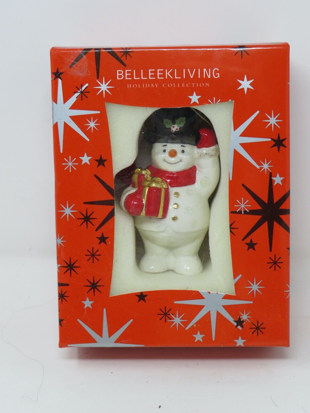 Belleek Snowman Carrying Gift Ornament Christmas NIB Belleek Living Holiday