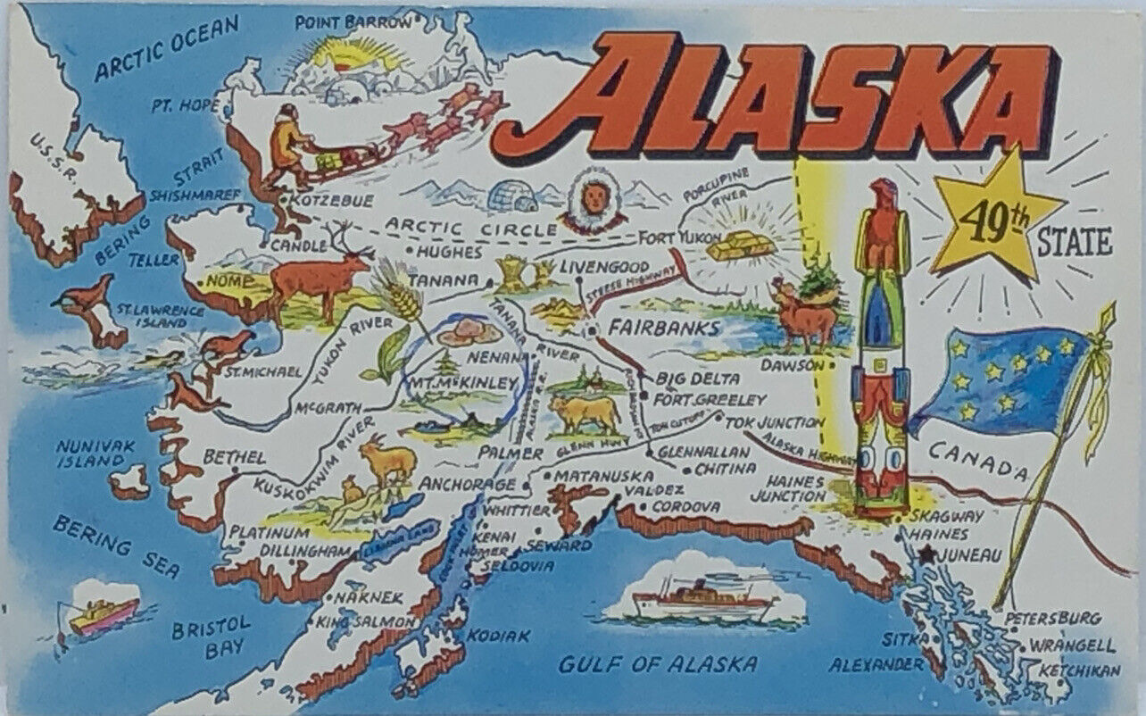 Postcard AK 49th State Map Landmarks Products￼ c1960s 338