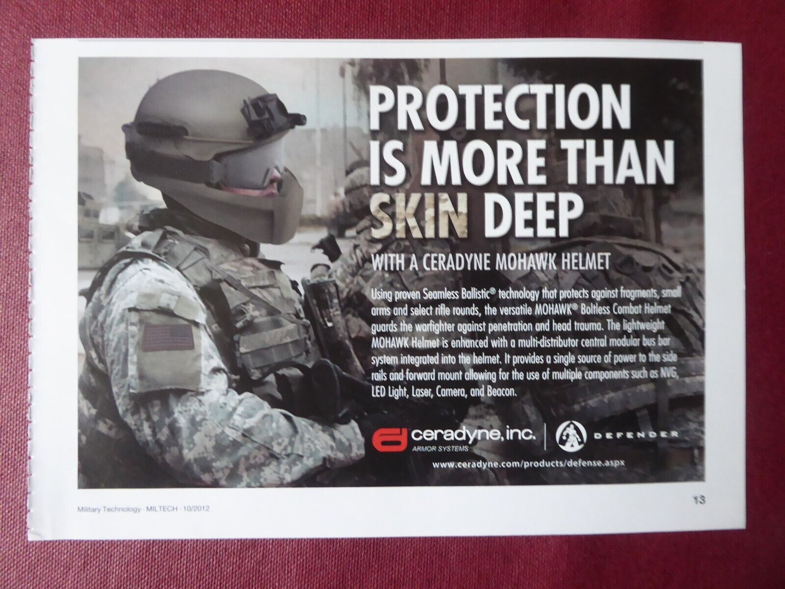 10/2012 PUB CERADYNE ARMOR DEFENDER MOHAWK BOLTLESS COMBAT HELMET ORIGINAL AD