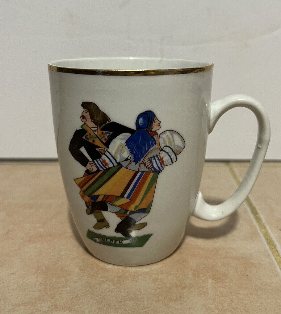 Vintage Karolina Polish Oberek Folk Dancers Gold Trim Mug Cup - Made in Poland