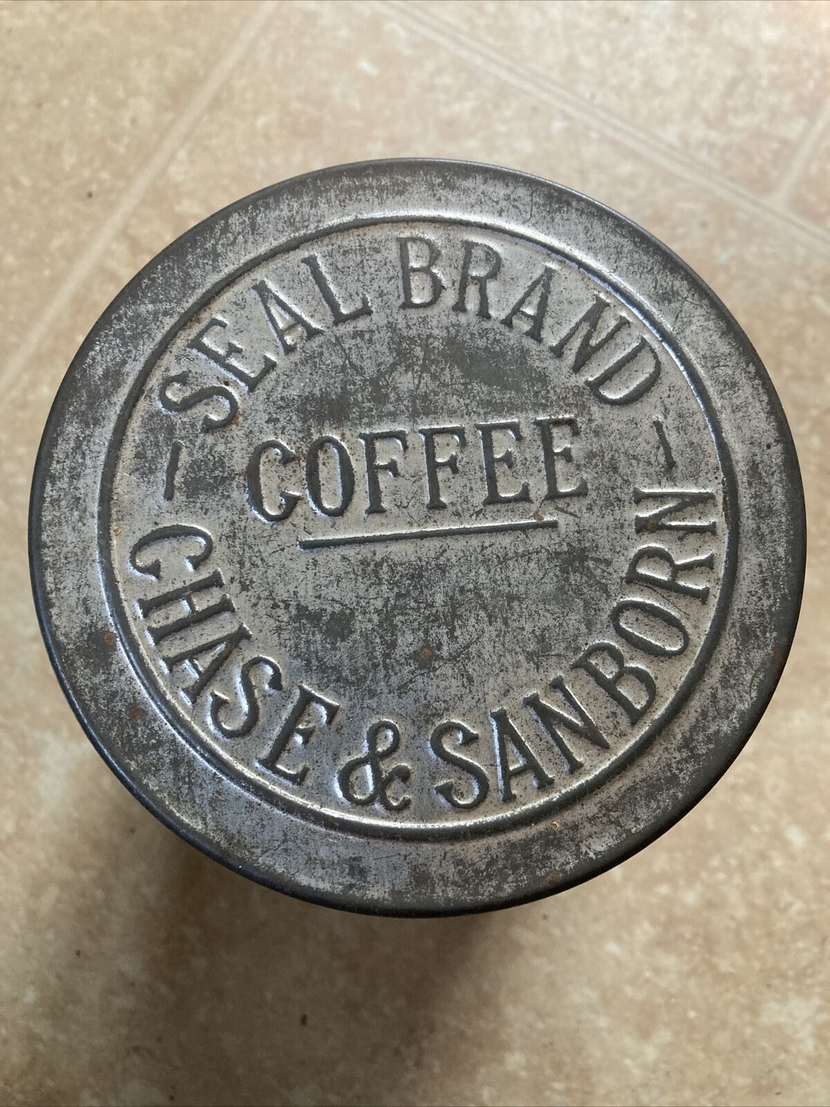 Antique Small Early CHASE & SANBORN'S Seal Brand Raised Letters Lid Coffee Tin