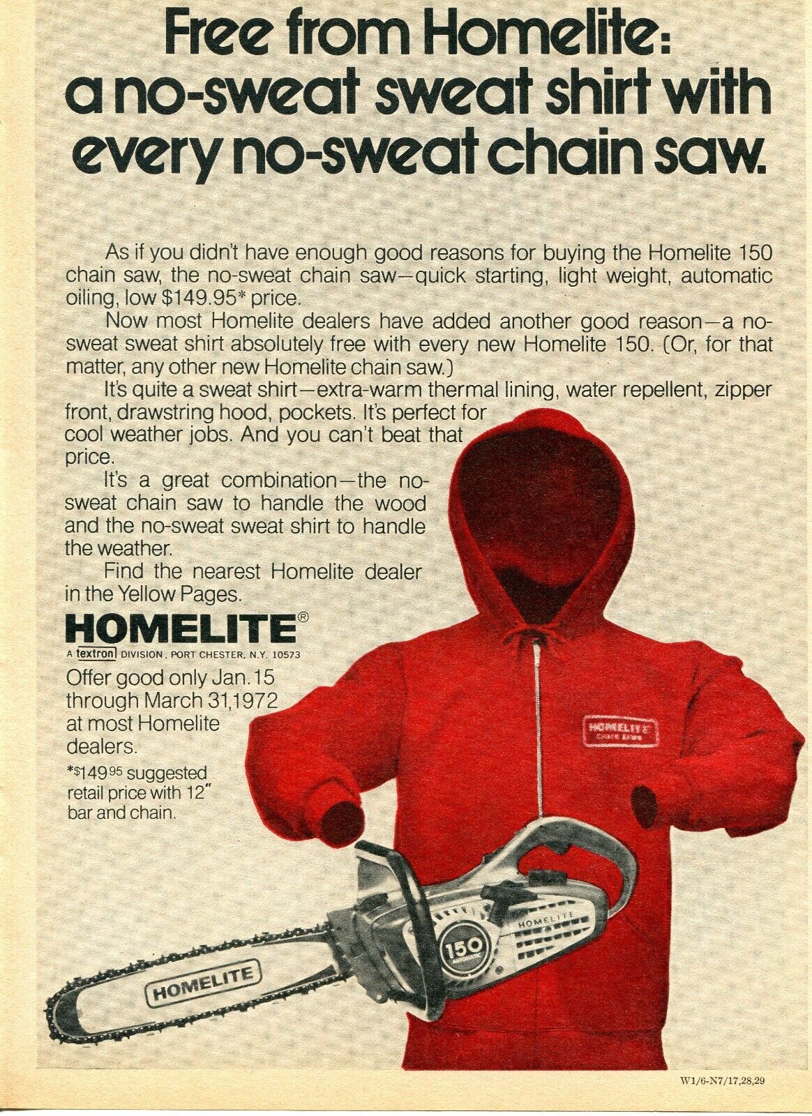 1972 Print Ad of Homelite 150 No-Sweat Chain Saw