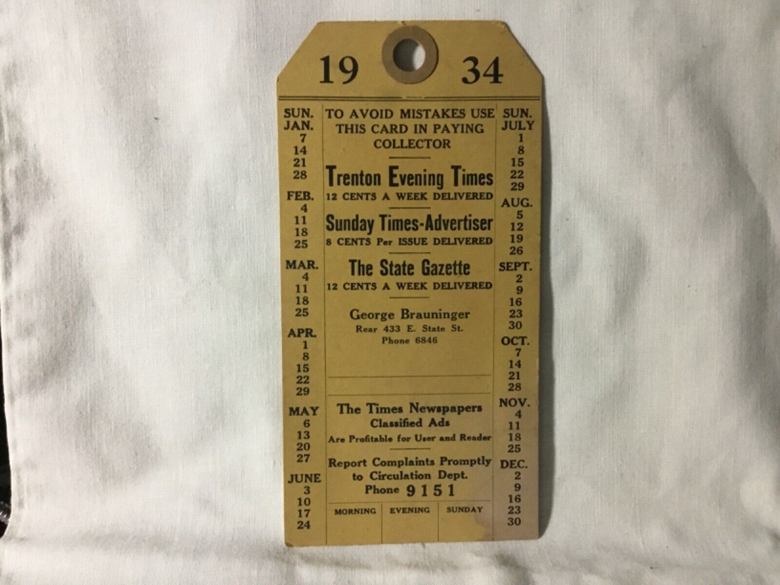 Vtg 1934 Trenton Evening Times Collector Card Tag