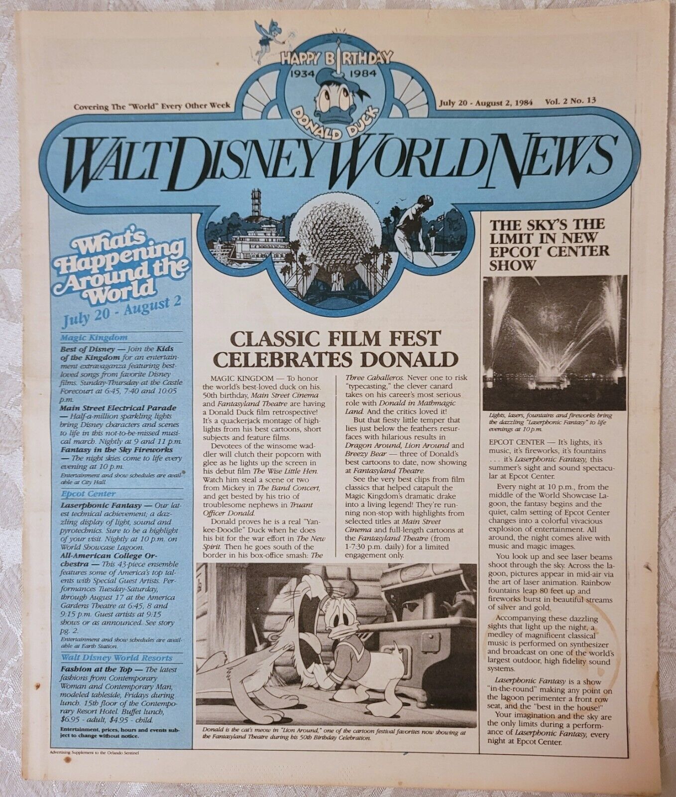 RARE AUG 1984 WALT DISNEY WORLD NEWS INFO GUIDE EPCOT CENTER LASERPHONIC FANTASY
