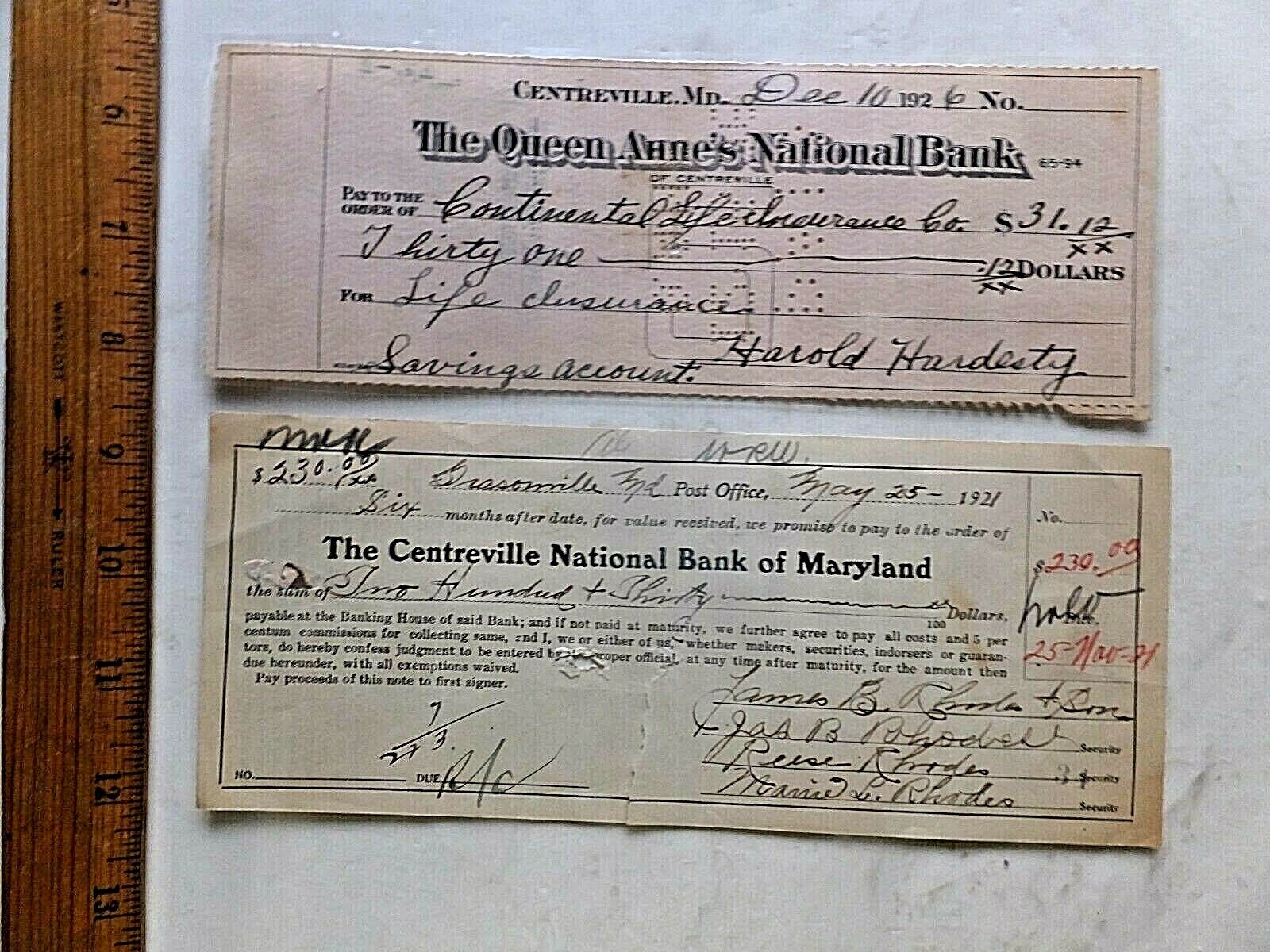 Two 1920\'s Maryland Bank Checks. Centreville & Queen Anne\'s National Banks. 