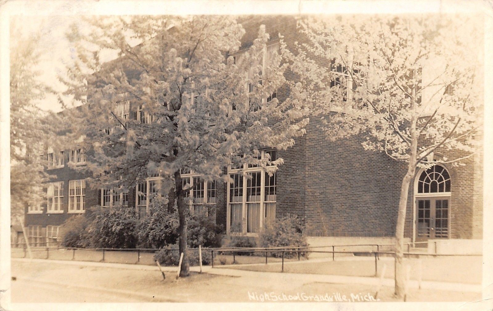 Grandville MI~Flocked Trees~Light Snow on Ground~Old House of Learning RPPC 1918