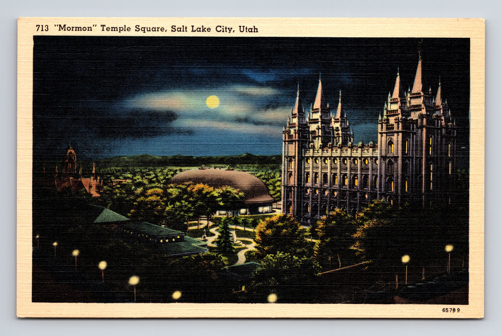 Linen Postcard Salt Lake City UT Utah Moonlight Mormon Temple Square