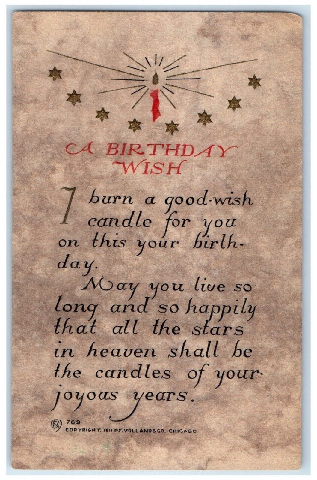 1917 Birthday Wish Candle Stars Volland Hartford Connecticut CT Antique Postcard