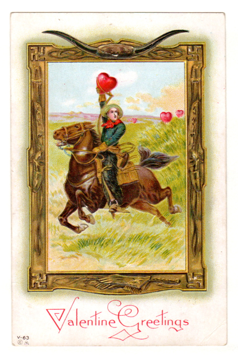 Antique Cowboy Valentine Postcard Fantasy with Stolen Heart c1910 Rare Embossed