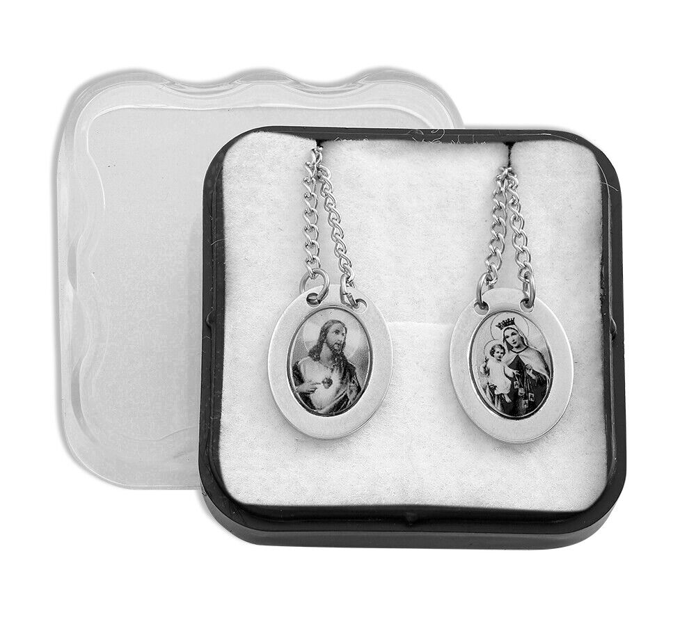 Stainless Steel Large Oval Scapular - Black & White Images -12.5 inch 
