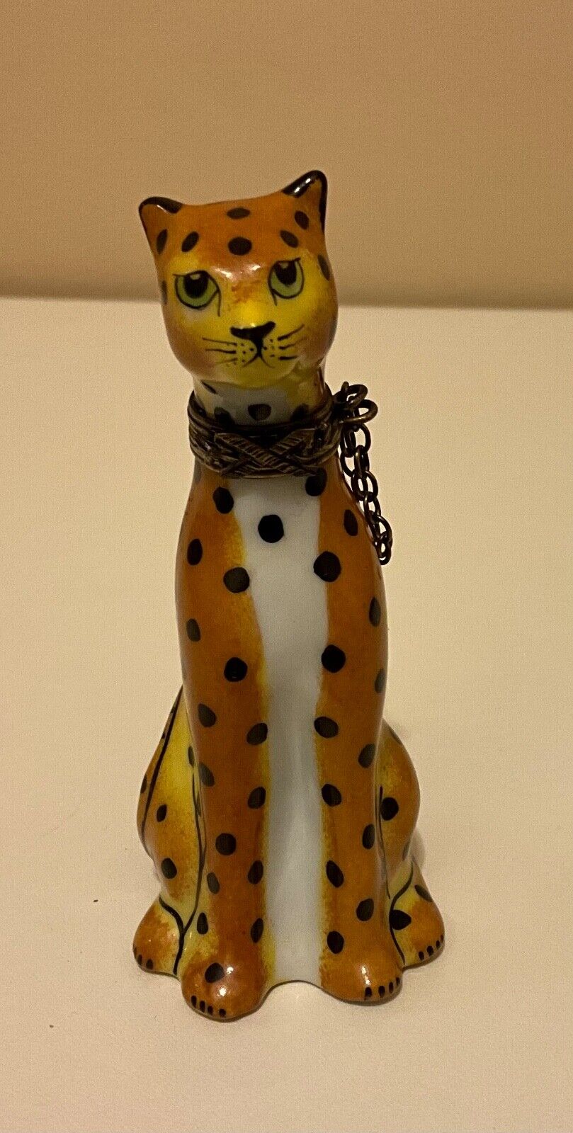 Vintage Limoges Porcelain Cheetah Leopard Chain Porcelain Trinket Box