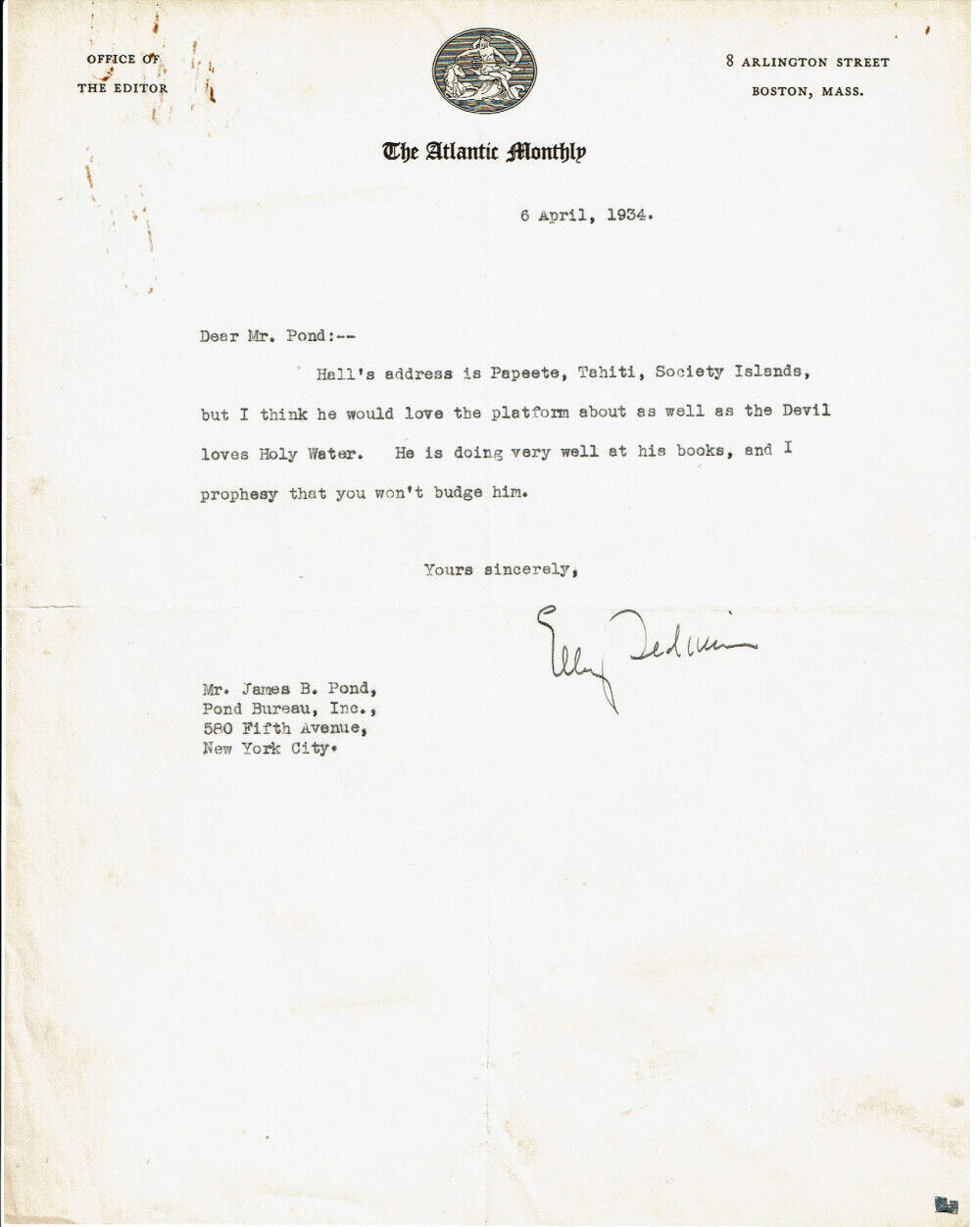 Atlantic Monthly editor ELLERY SEDGWICK 1934 SIGNED LETTER re. JAMES NORMAN HALL