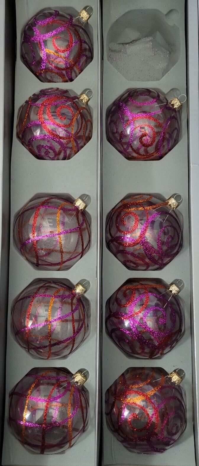 Costco 9 European Blown Glass Hand Decorated Ornaments Clear W/Glitter - Poland