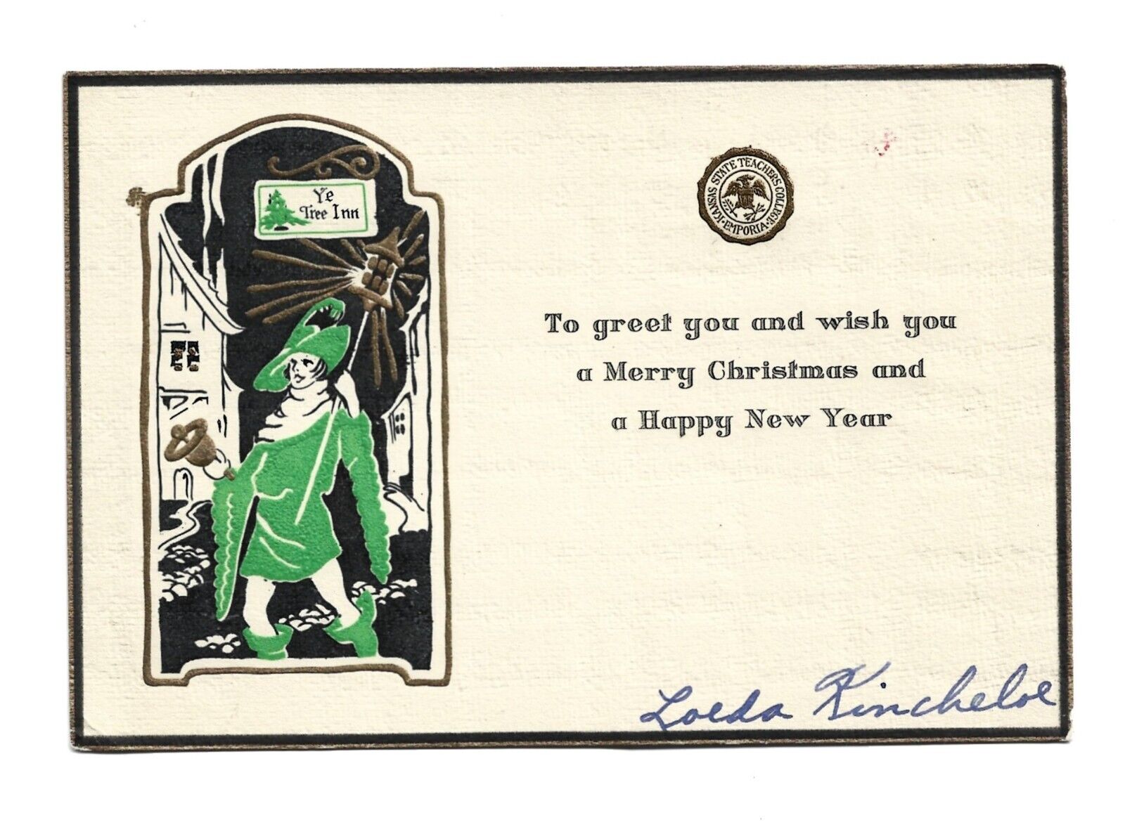 Vintage Christmas Card : Kansas State Teachers College Emporia YE TREE INN 1928