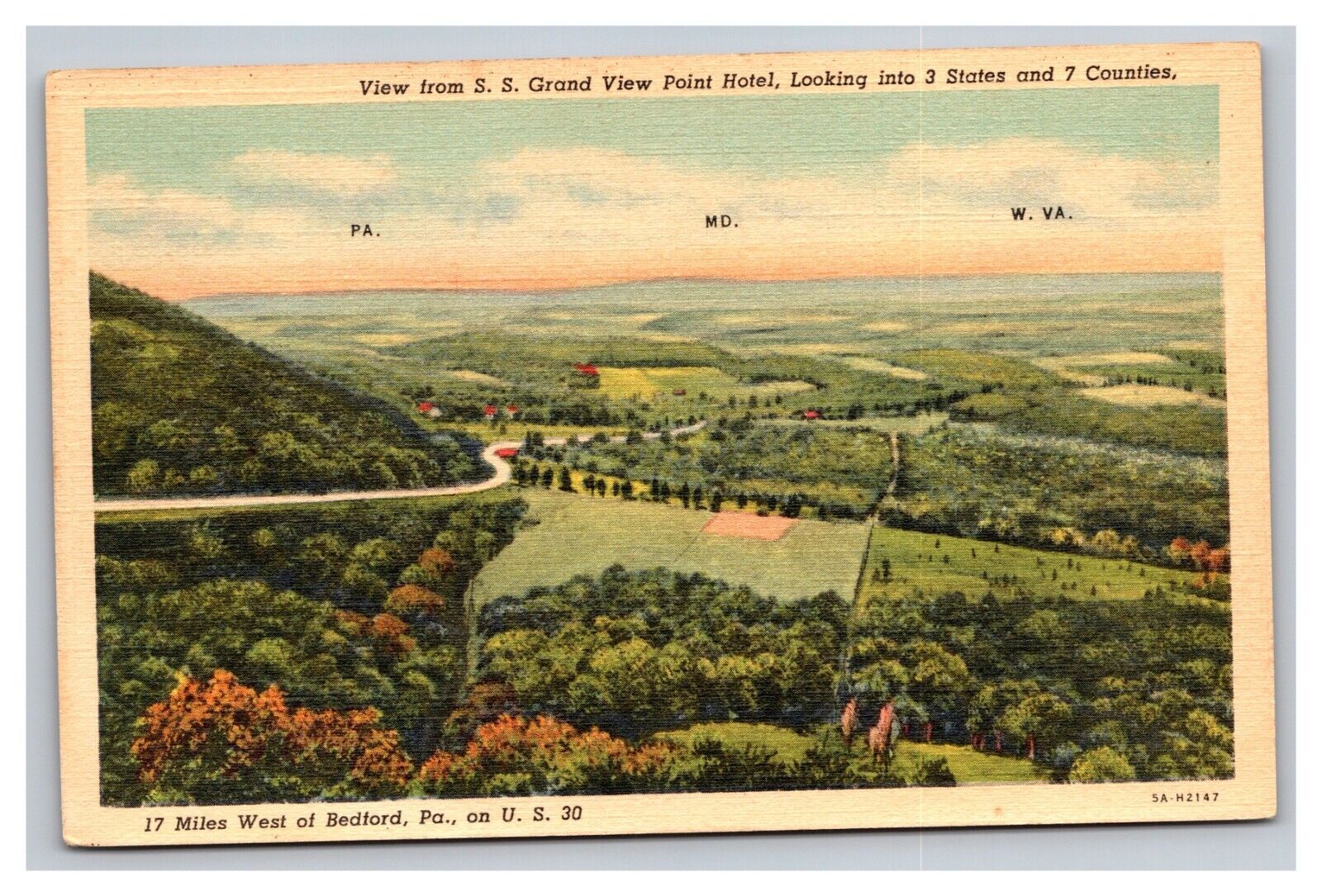 Vintage 1940s Postcard View SS Grand View Point Hotel West Bedford Pennsylvania