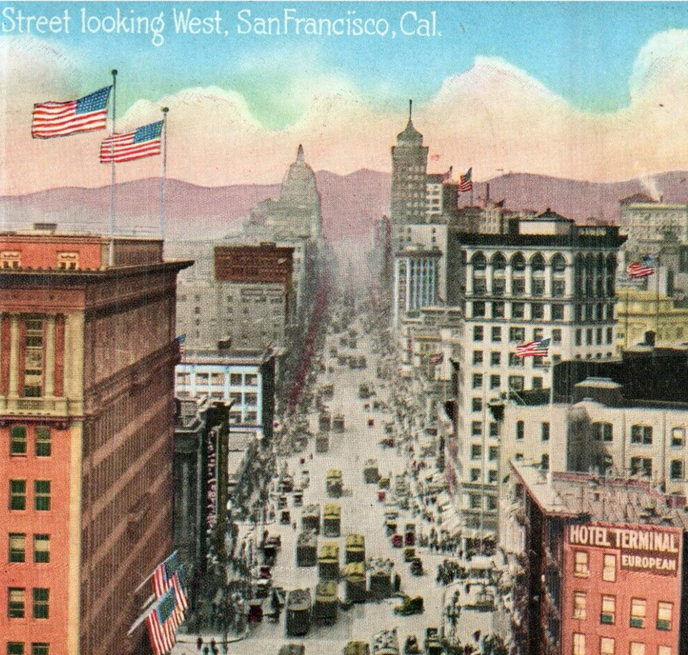 c.1915 Postcard, San Francisco, CA, Market Street, Birds Eye View, Flags-B2-134