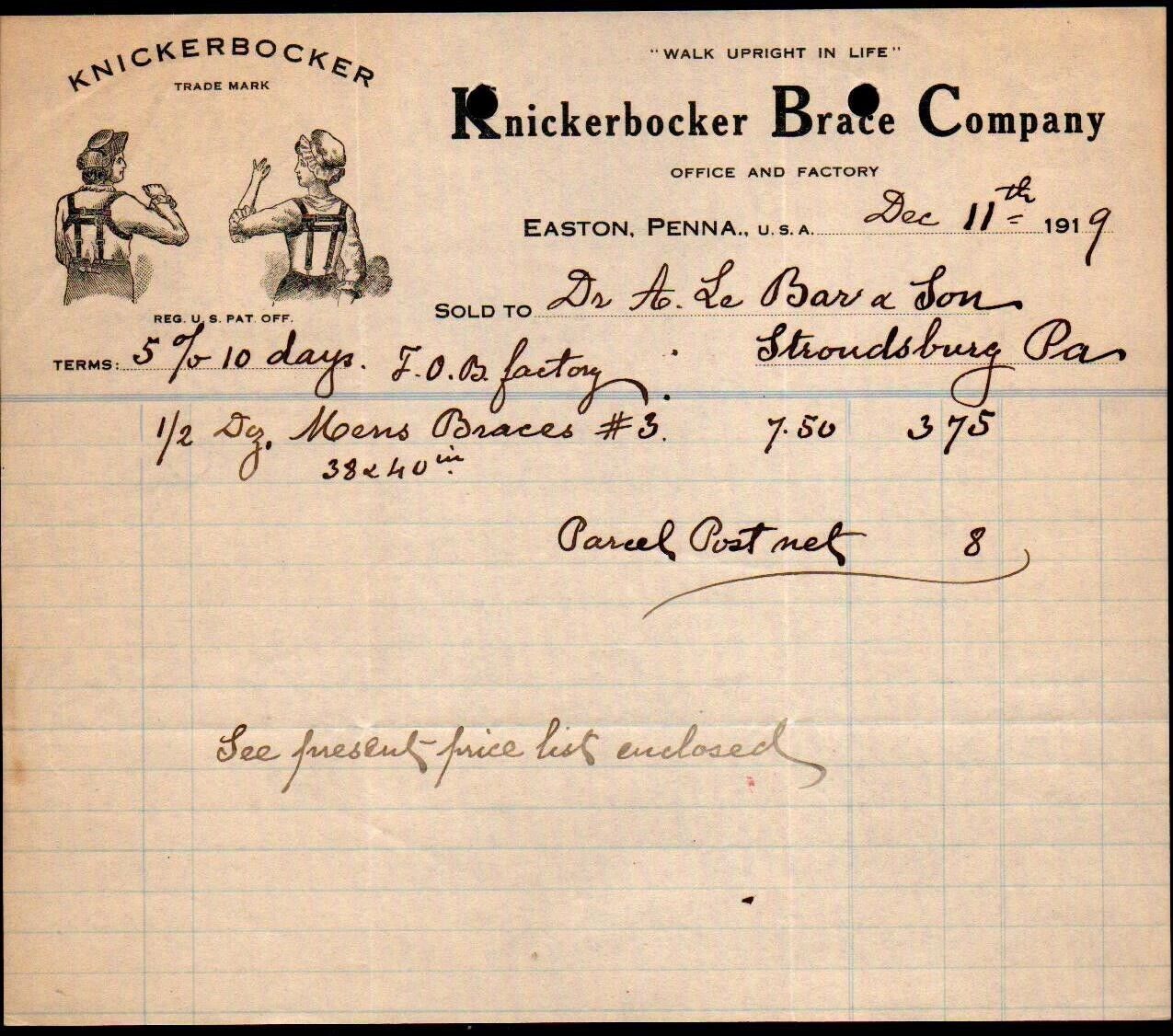 1919 Easton Pa - Knickerbocker Brace Co - Rare History Letter Head Bill