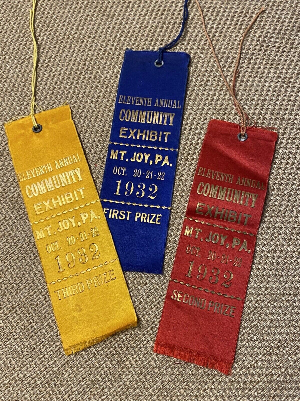 Pennsylvania County Fair Blue/Red/Yellow Ribbon Set 1932 Mount Joy 11th Annual