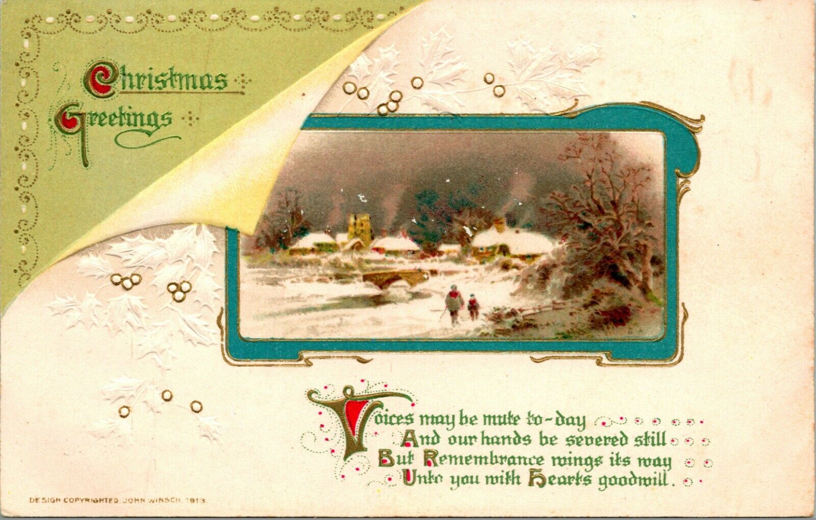Vtg Christmas Postcard John Winsch Embossed Christmas Greetings Cabin Scene 