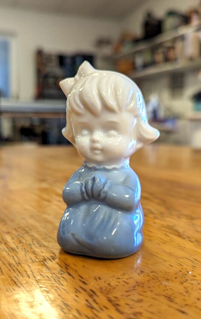 Inarco Praying Girl Figurine White Blue Vintage Original Made in Japan Miniture
