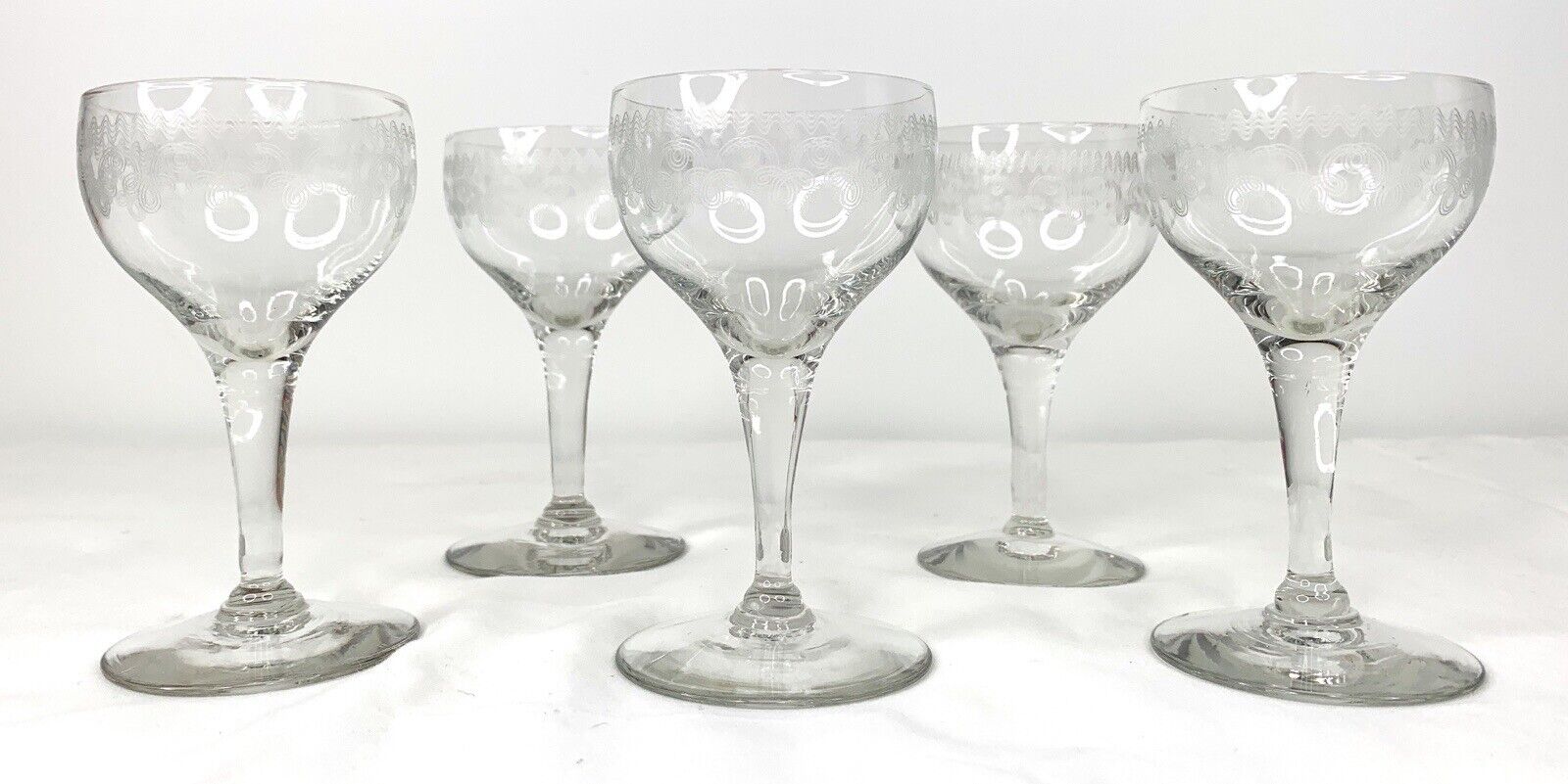 Antique Bryce Cordial Liquor Stem Glasses Needle Etched Set of 5 Early 1900's 