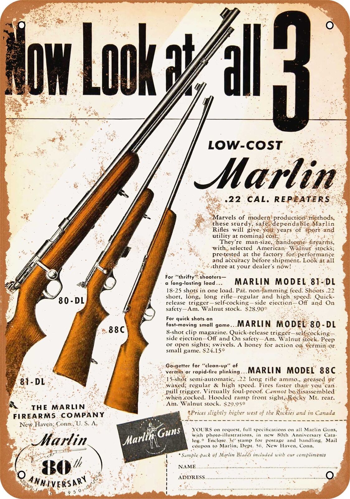 Metal Sign - 1950 Marlin .22 Rifles - Vintage Look Reproduction