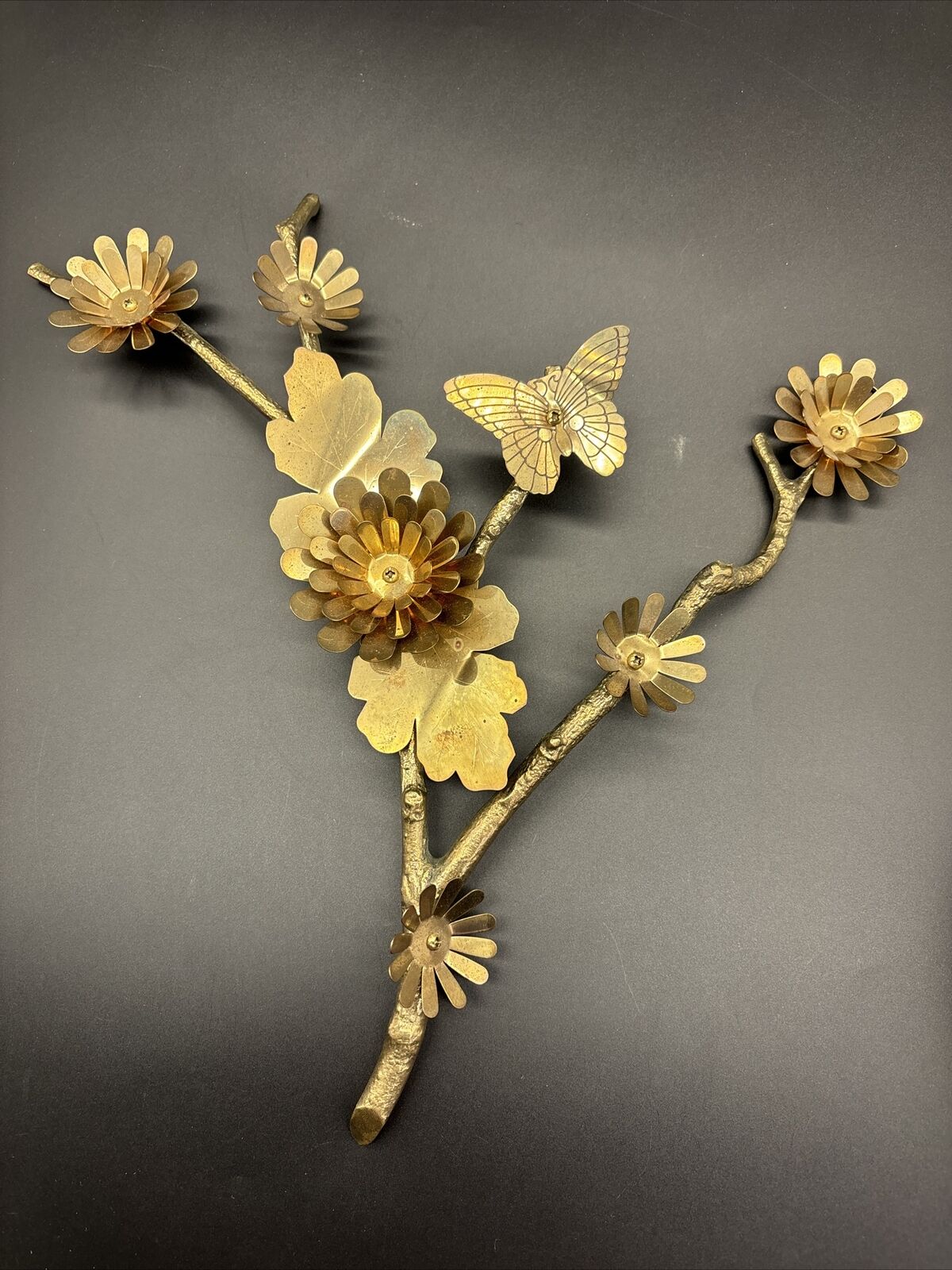 Vintage Brass Branch Flowers Butterfly Leaves Wall Hanger 1.5 Lbs