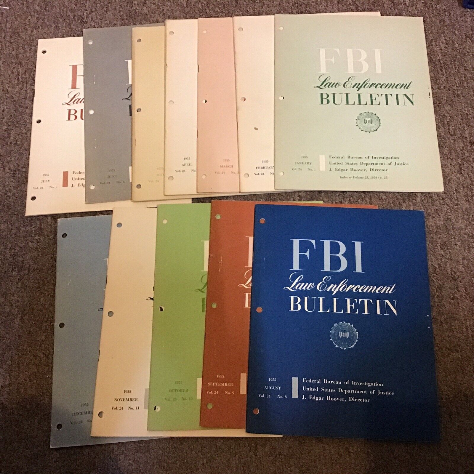 Lot of 12 1955 FBI Law Enforcement Bulletins Hoover Jan-Dec