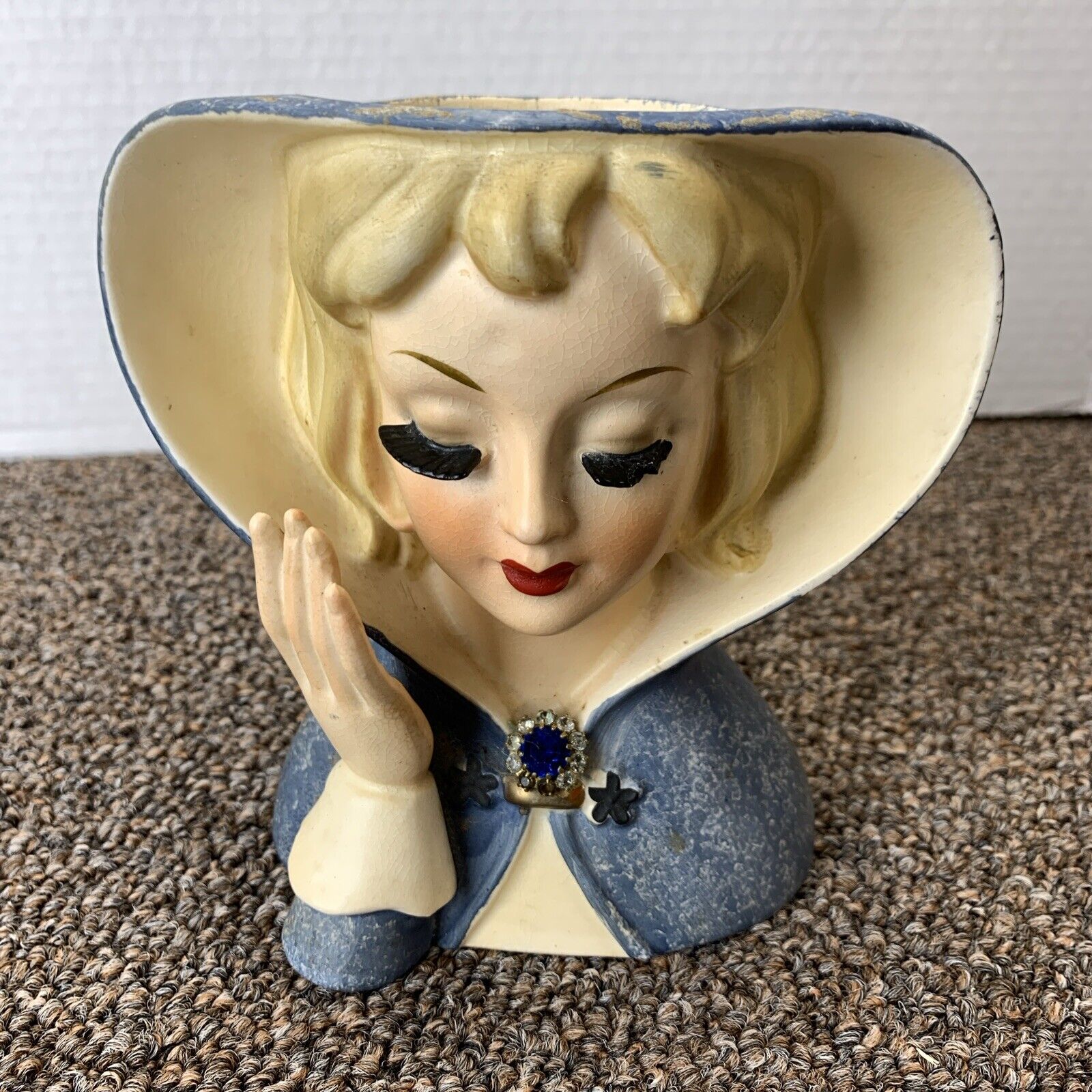 Vintage Lady Head Vase Blond Hair Wearing Blue Cape with Blue Bling Brooch MCM
