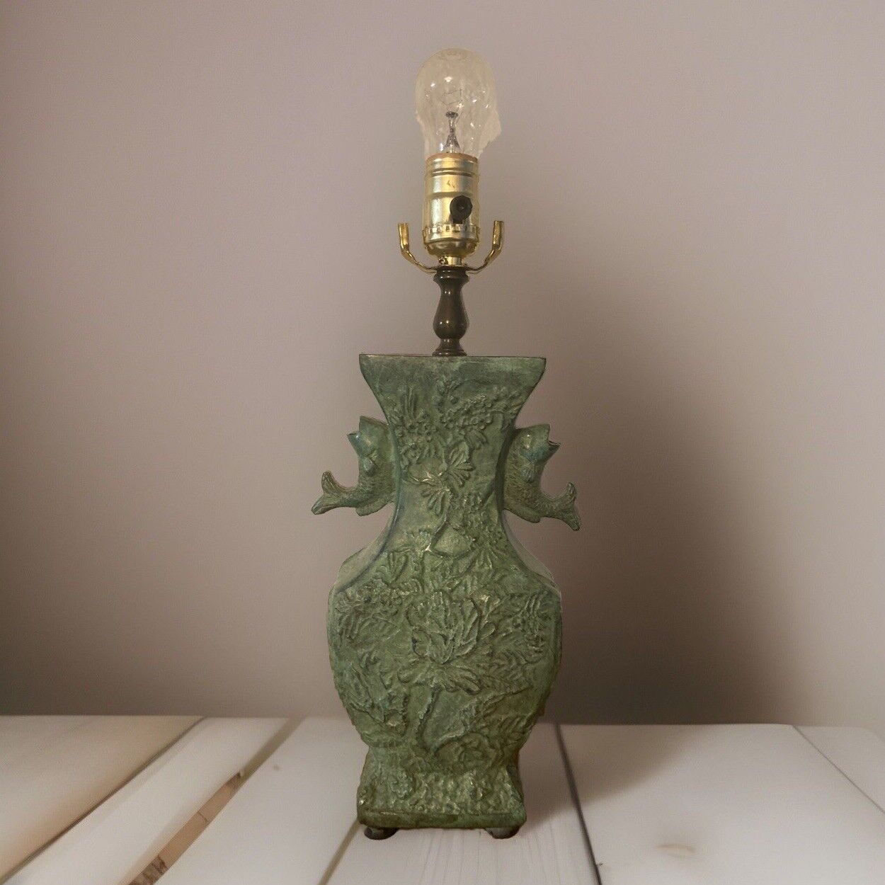 Vintage Verdigris Look Chinese Style Embossed Metal Lamp Green Ornate With Fish