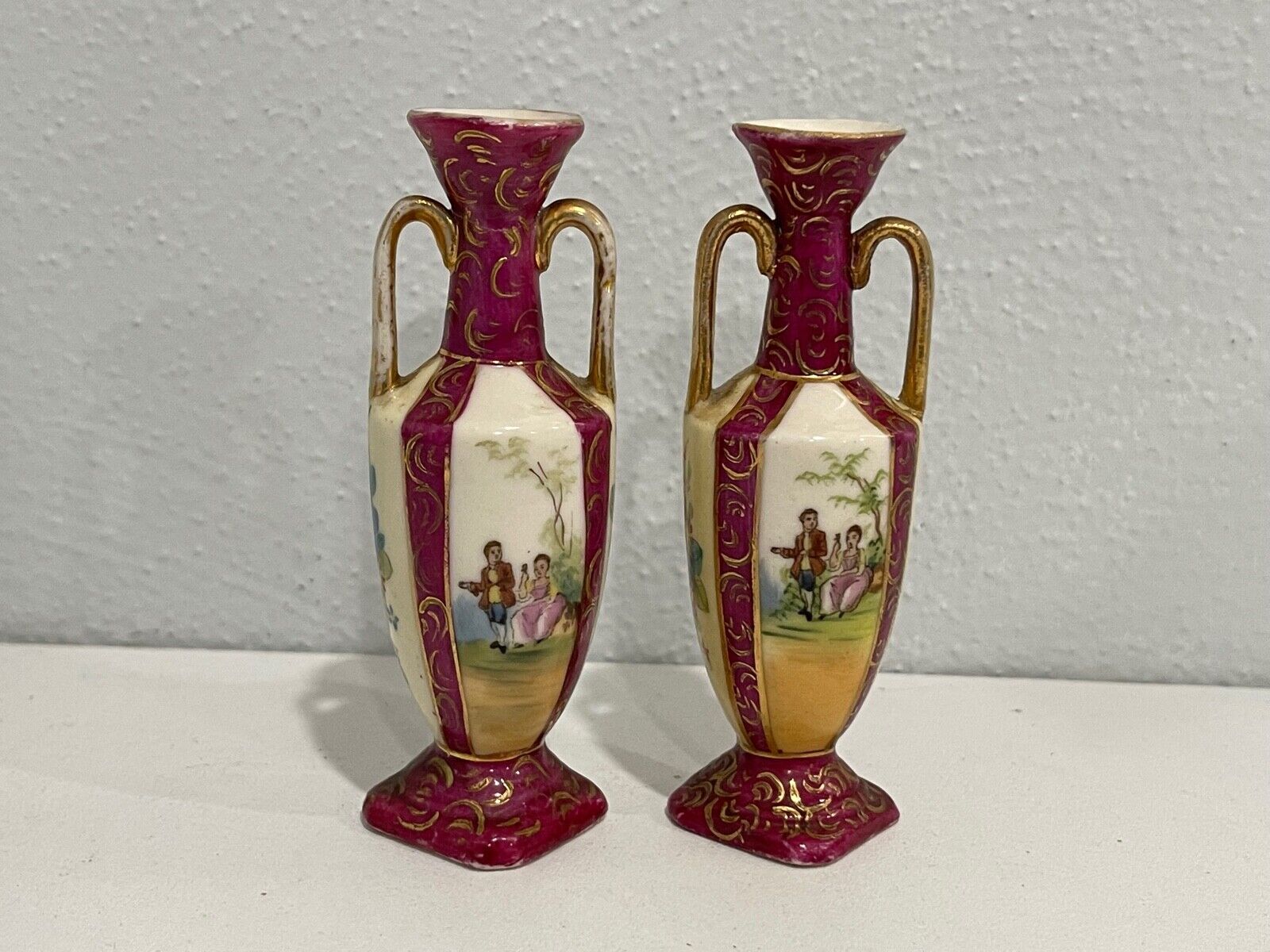 Vintage Pair of Austrian Porcelain Miniature Vases w/ Man Woman & Floral Dec.