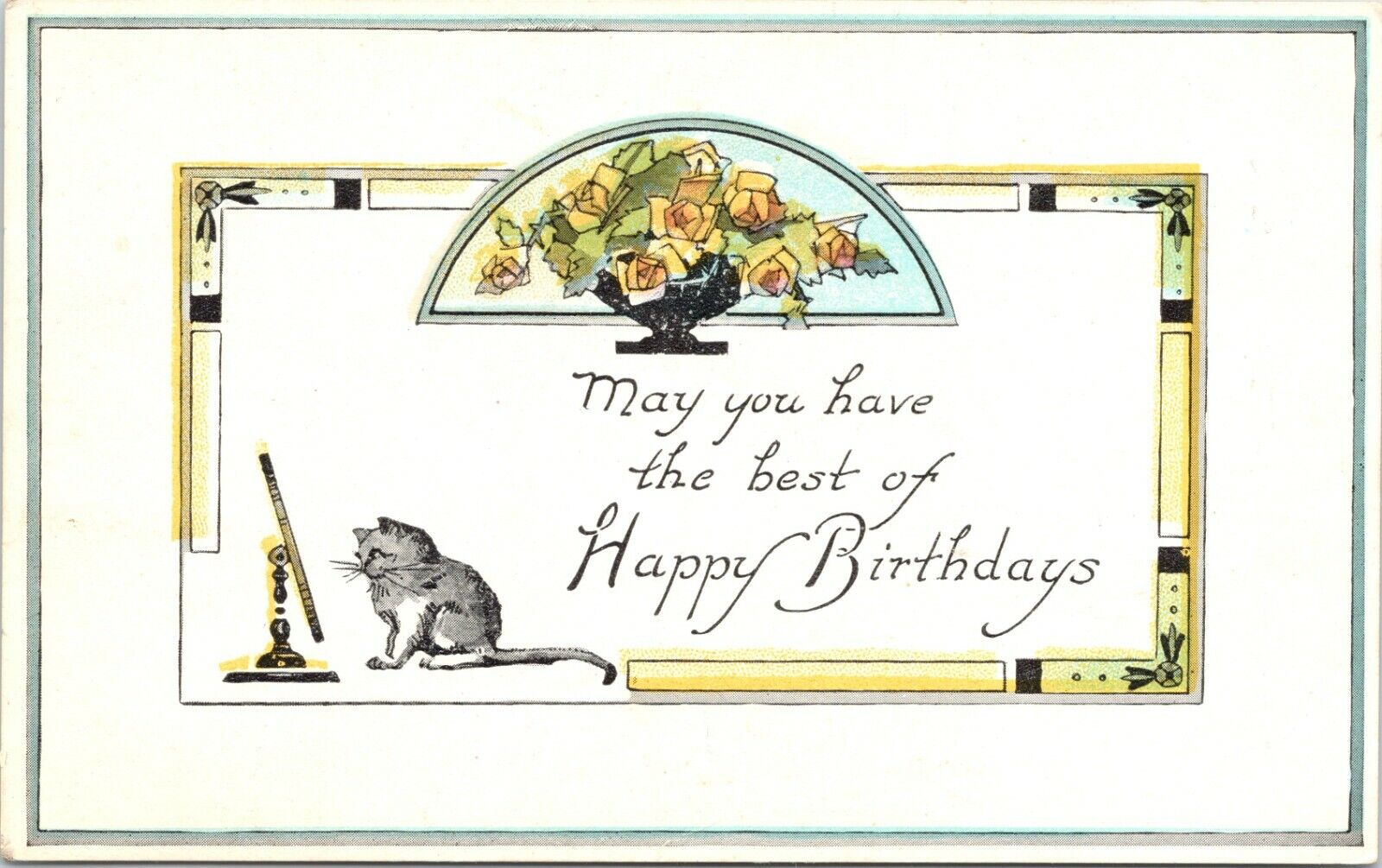 C.1920s Adorable Fluffy Cat In The Mirror Happy Birthday Postcard 822