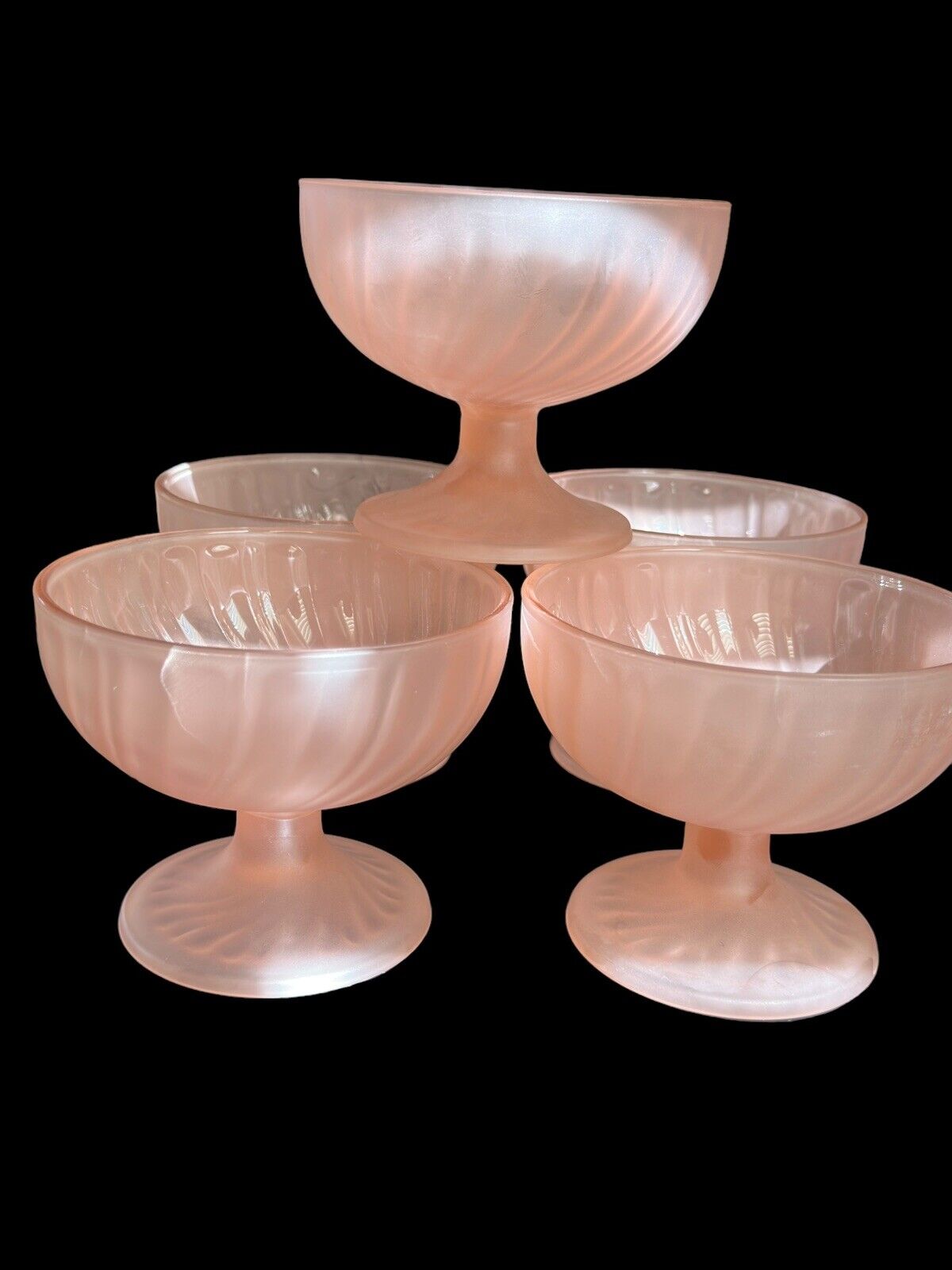 5 Pink Frosted Glass Footed Dessert Bowls - Swirl Pattern - France