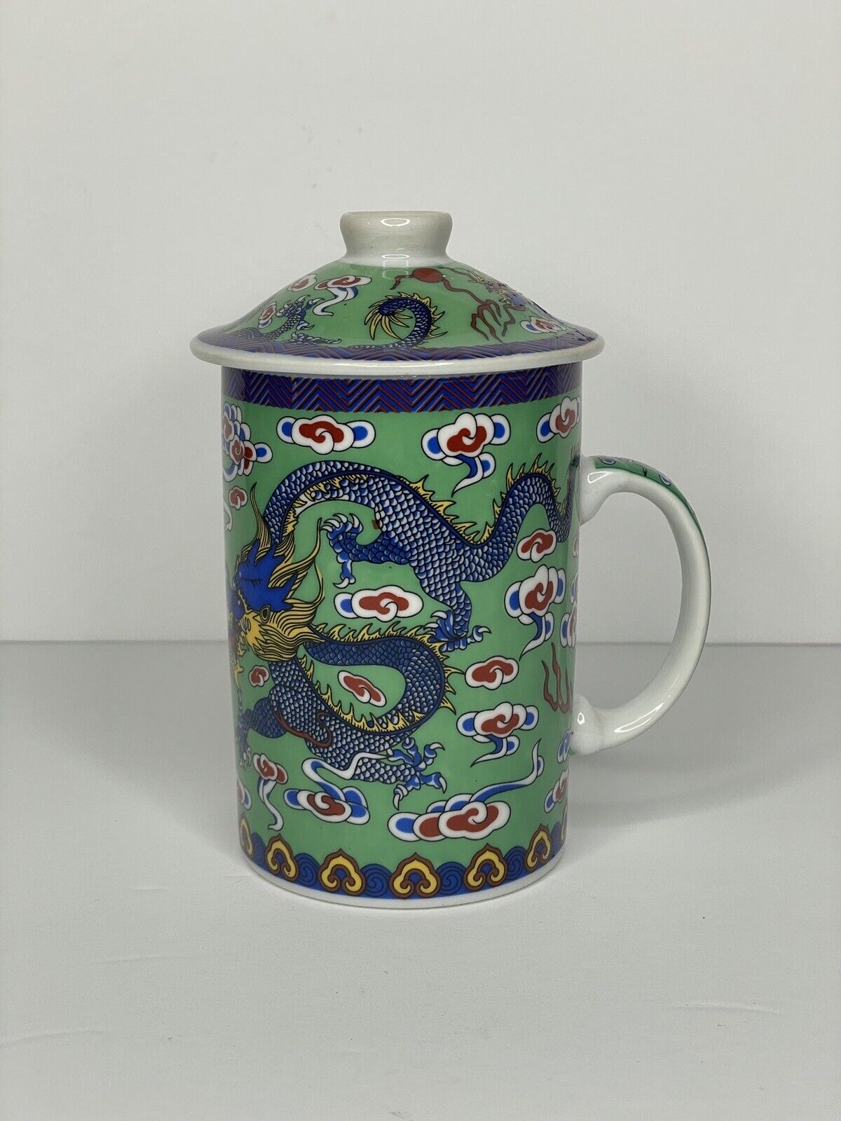 Chinese Procelain Tea Cup with lid no strainer dragon green