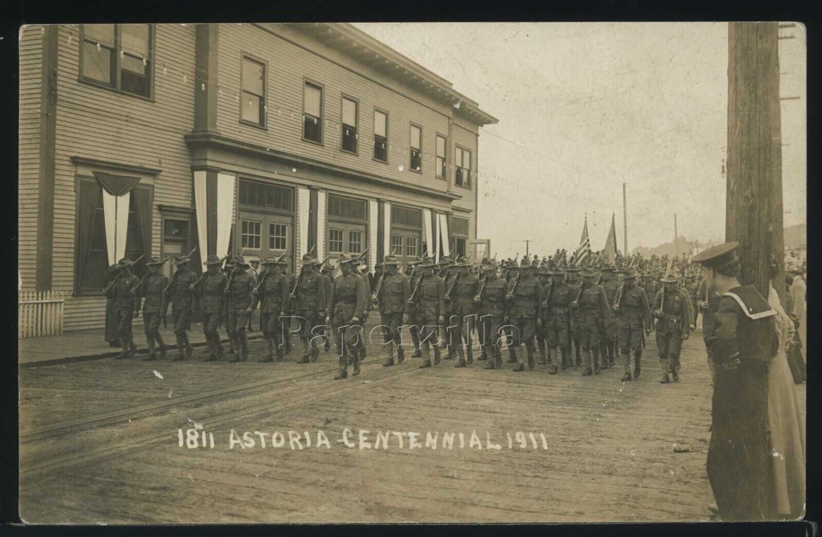 OR Astoria RPPC 1911 CENTENNIAL ARMY ONG? SOLDIERS MARCHING in PARADE Street