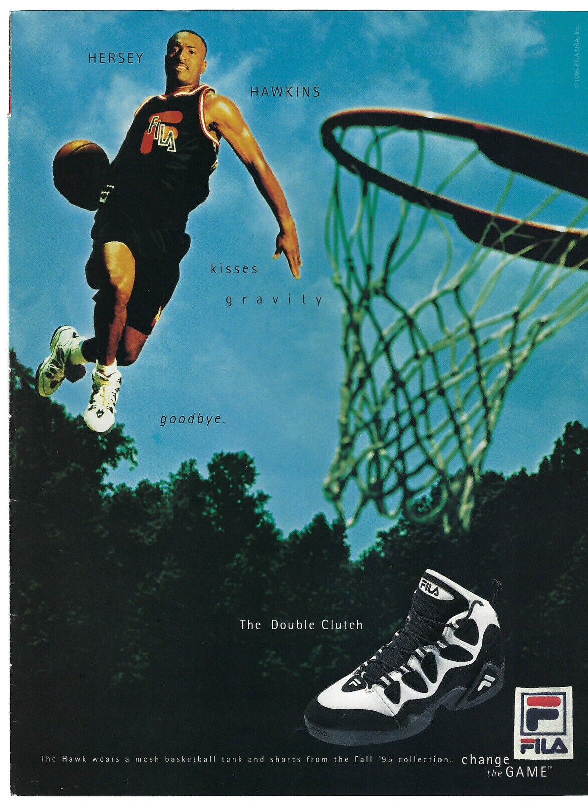 1995 FILA Basketball Shoes Hersey Hawkins Double Clutch Vintage Print Ad/Poster