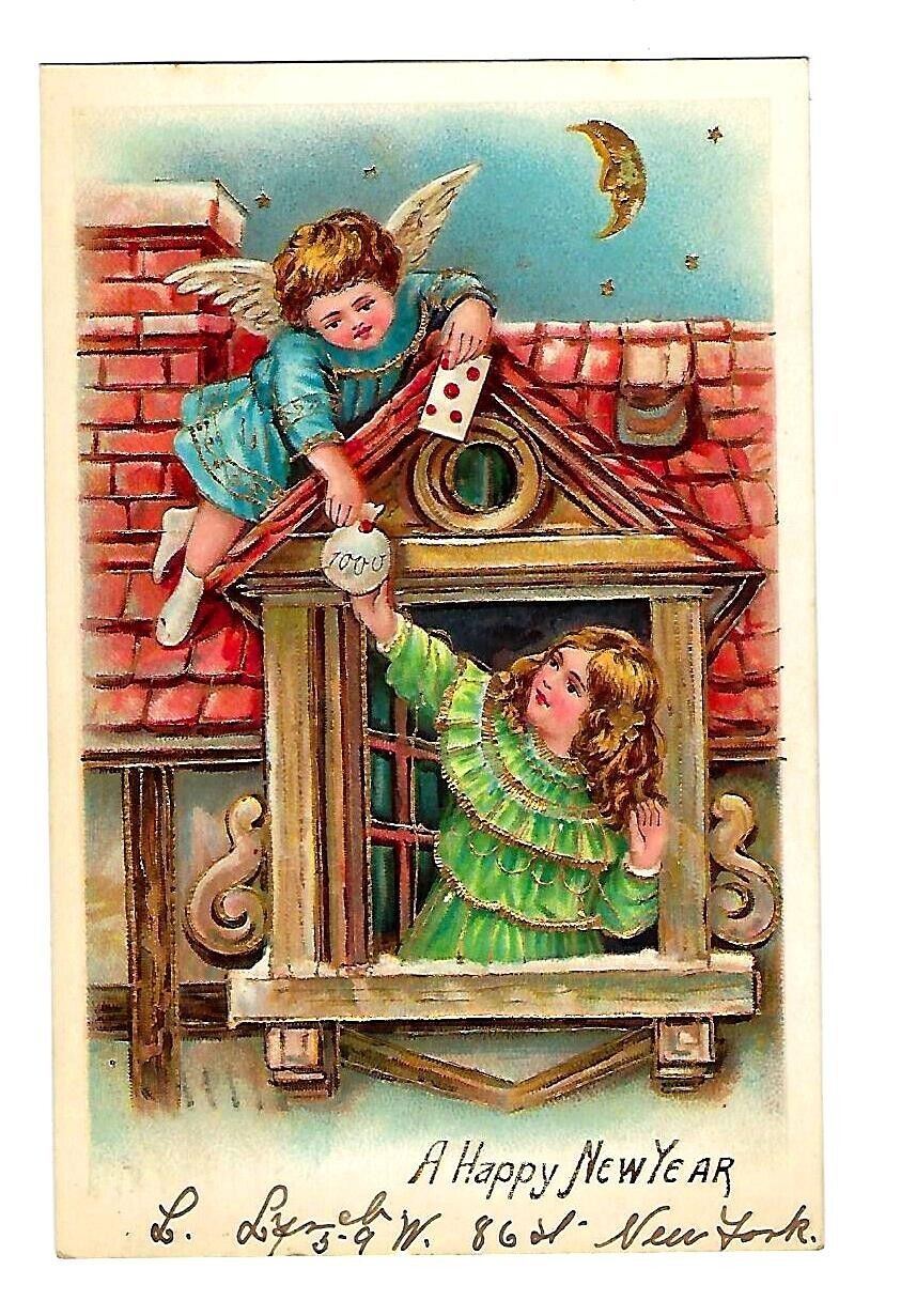 c1906 New Year Postcard Cherub With Gifts, Crescent Moon Man Embossed