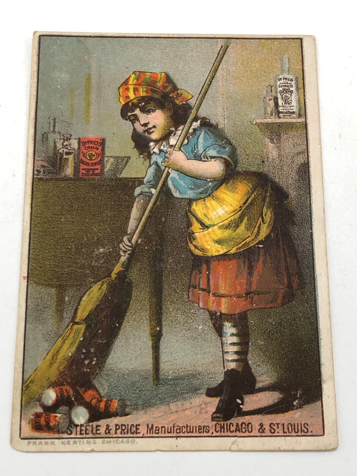 1880s Dr. Price's Cream Baking Powder Trade Card Cute Girl Broom -CH Harvey-Hunt