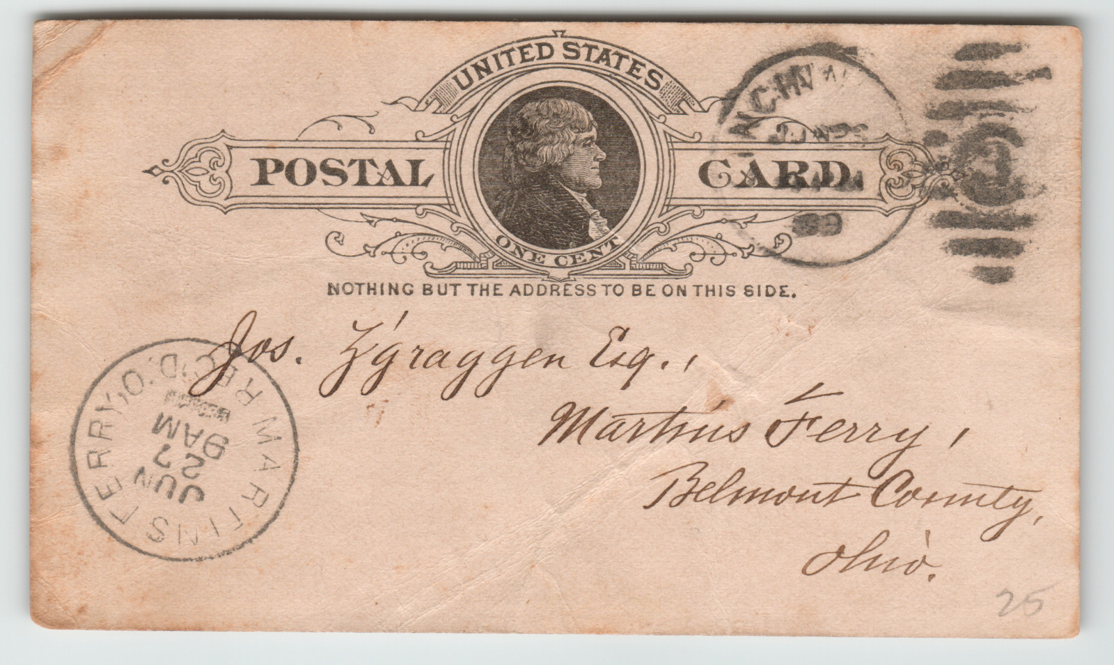 US Early Postal Card 1889 Martins Ferry. OH.