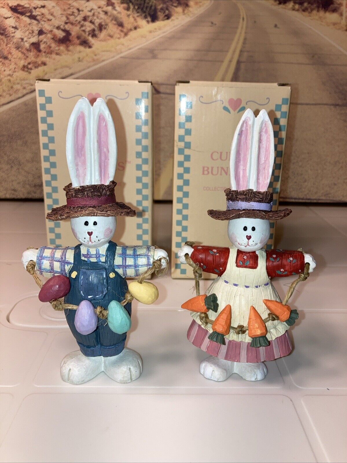 Vintage Curio Bunnies, Boy and Girl, Spring Easter Rabbit, Russ Berrie Bunny 6”