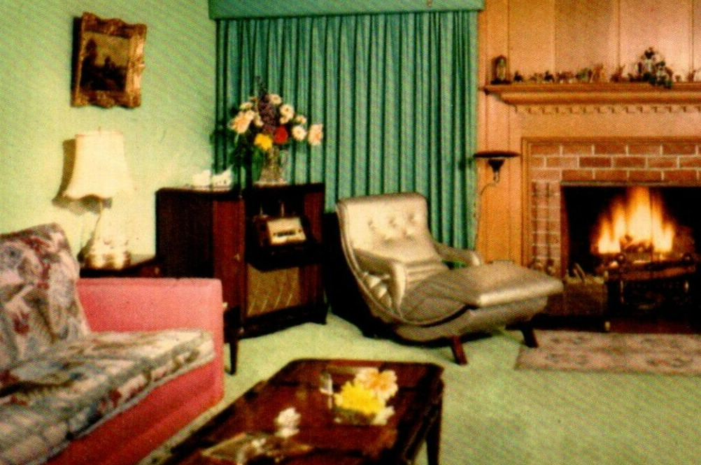 1952 Contour Chair Lounge Advertising Plastic Leather Fireplace postcard H391