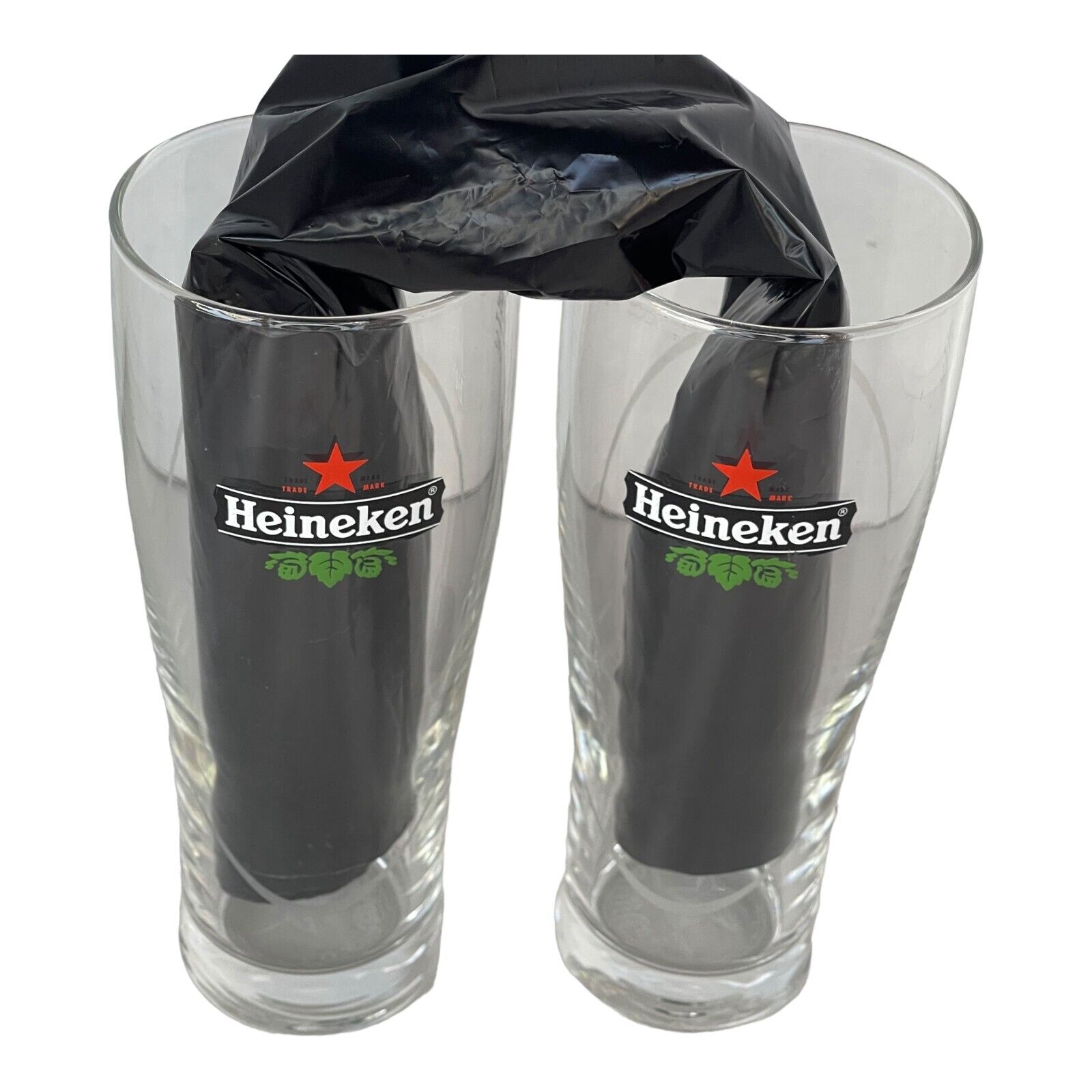 Vintage Heineken Clear Star Logo Etched Barware Beer Tall Glasses Set of 2