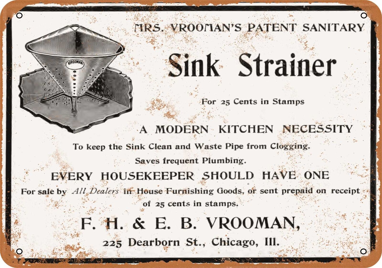 Metal Sign - 1903 Mrs. Vrooman\'s Sanitary Sink Strainer - Vintage Look Repro