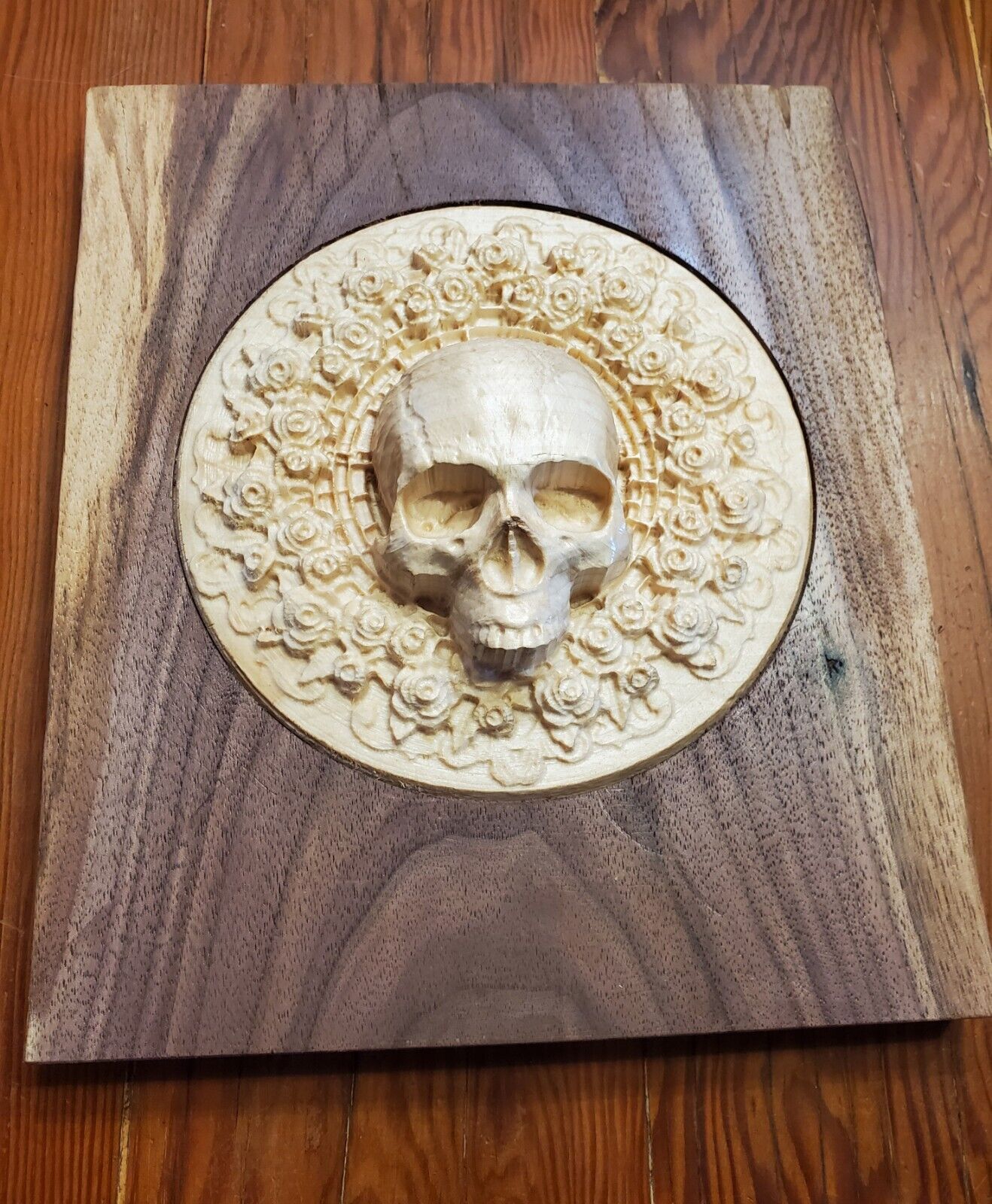 3D Carved Wood Skull With Roses